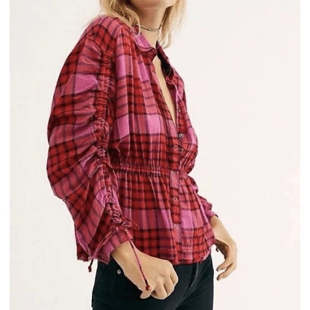 Free People We the Free Top Women's XS‎ Plaid Long Sleeve Button Front